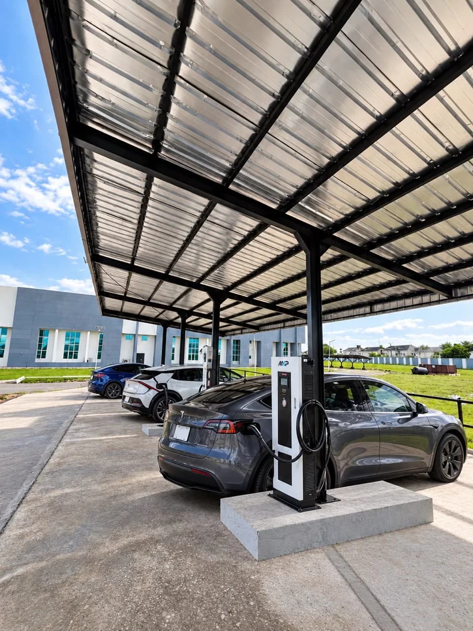 An electric car charging at a DC charger under the solar canopy at Imo Digital City