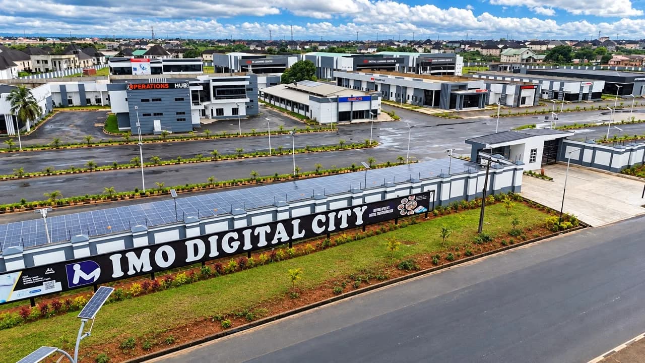 Aerial view of the Imo Digital City entrance and campus, Owerri