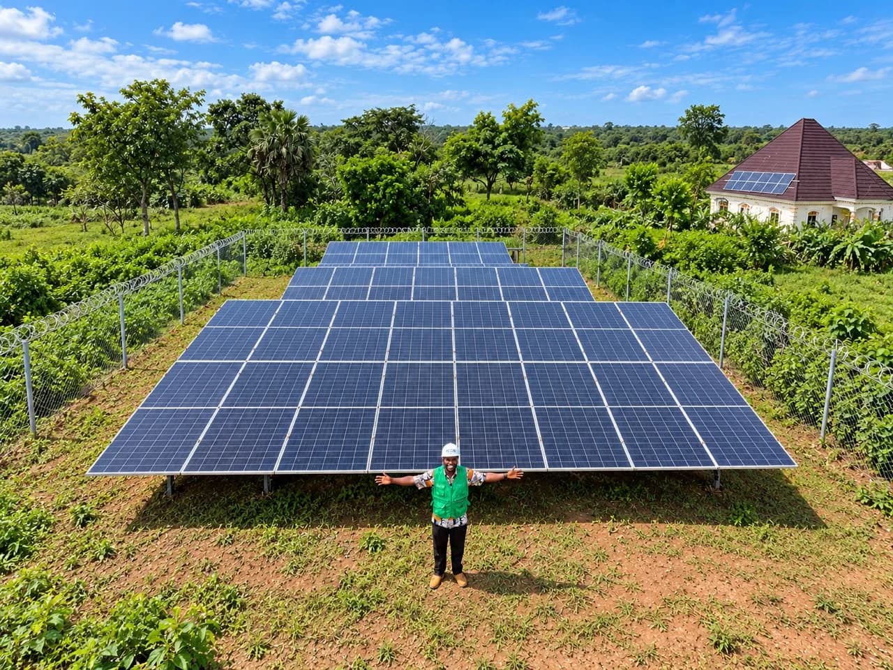 An ACOB engineer in front of a ground-mounted solar array
